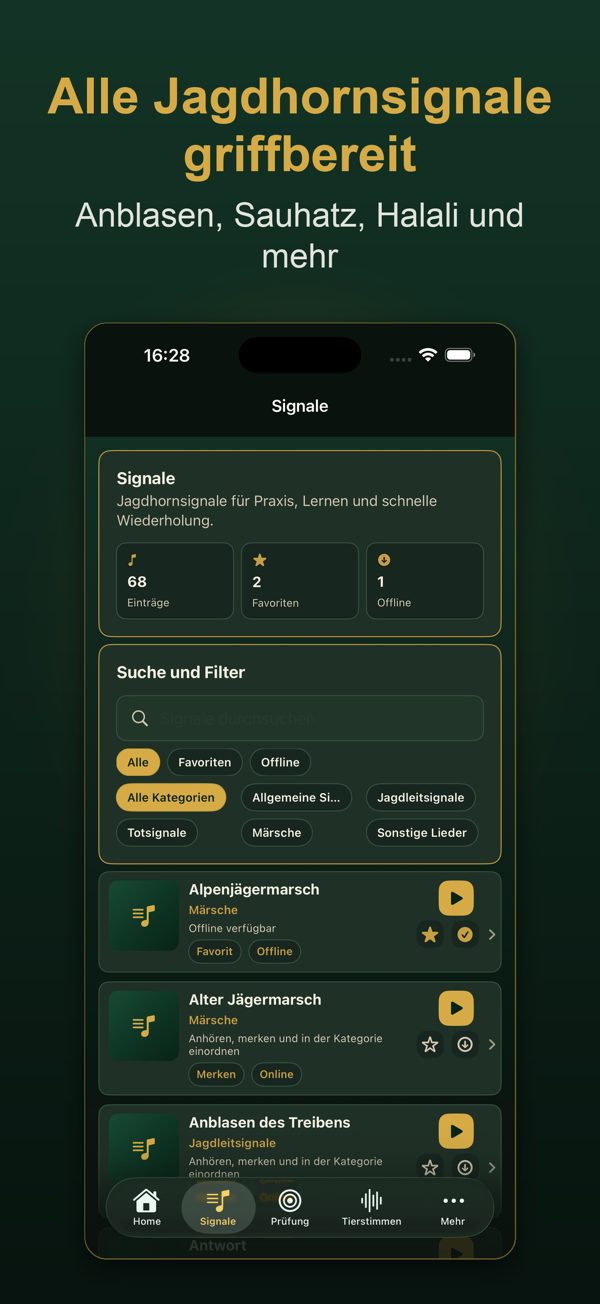 App-Ansicht: alle Jagdhornsignale griffbereit, mit Suche, Kategorien und Wiedergabe